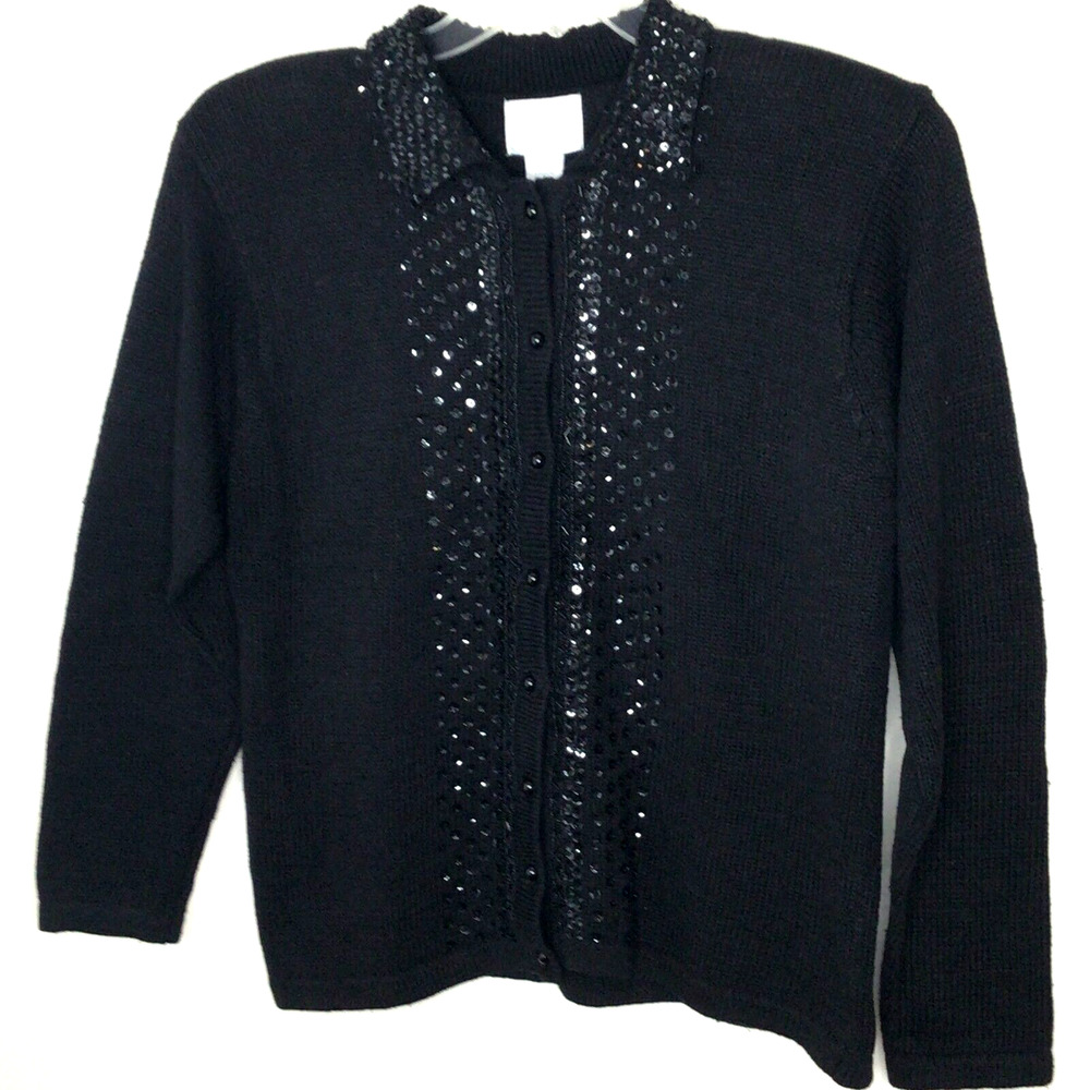 Cassini Vintage Black Beaded Cardigan Size M